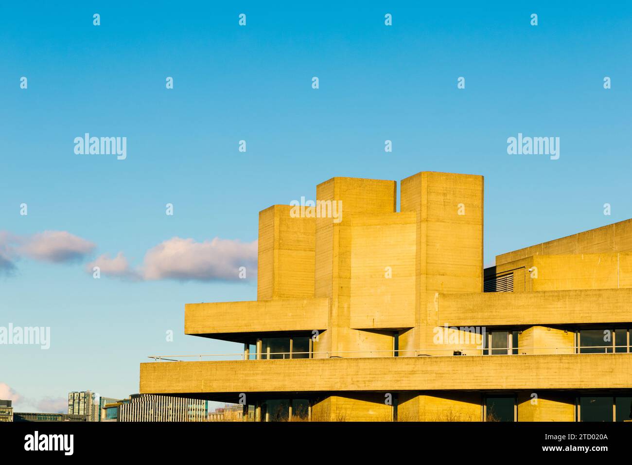 Exterior of brutalist style 1970s National Theatre by Denys Lasdun at sunset, Southbank, London, England Stock Photo