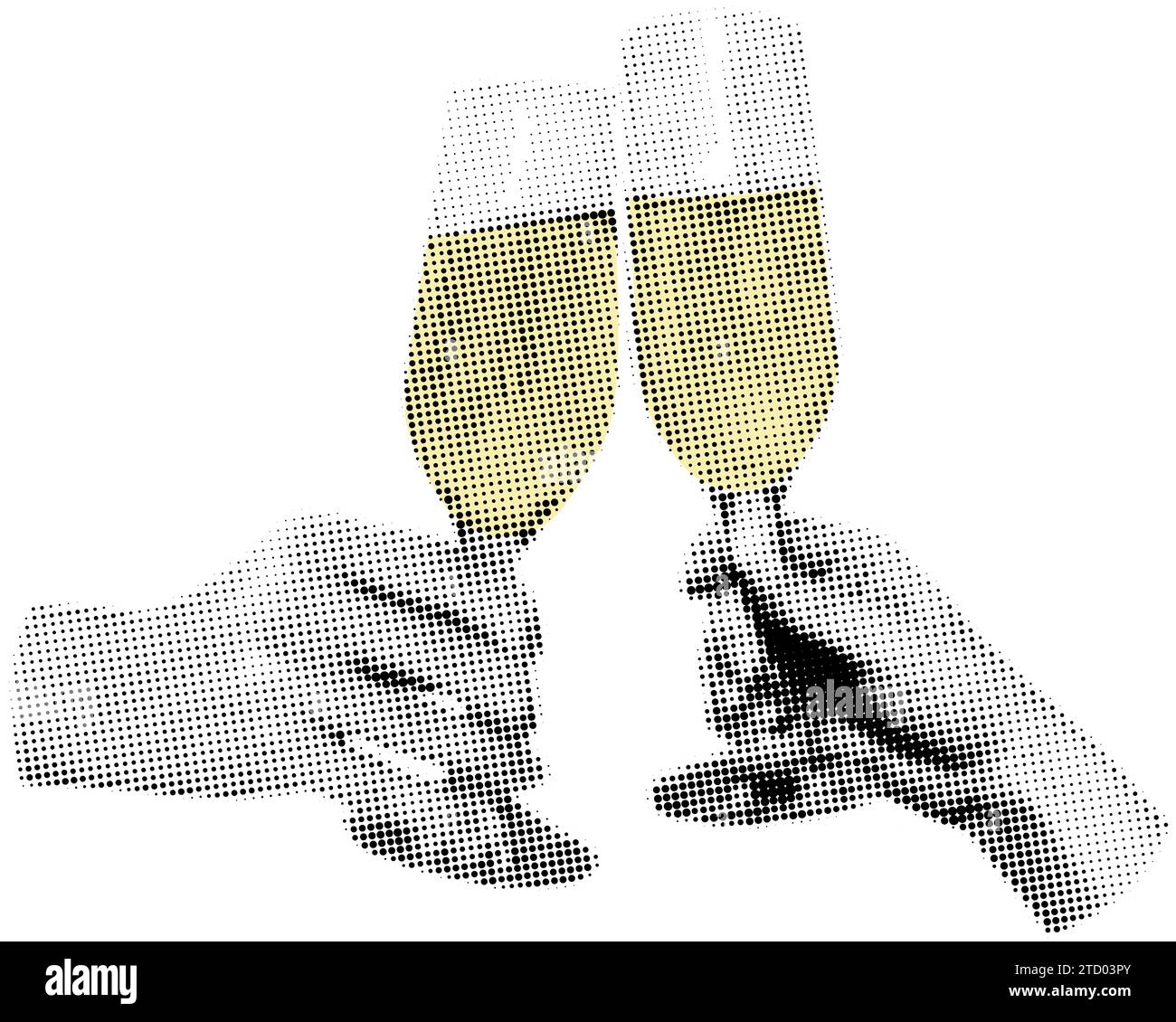 Hands holding champagne glasses halftone collage vector illustration ...