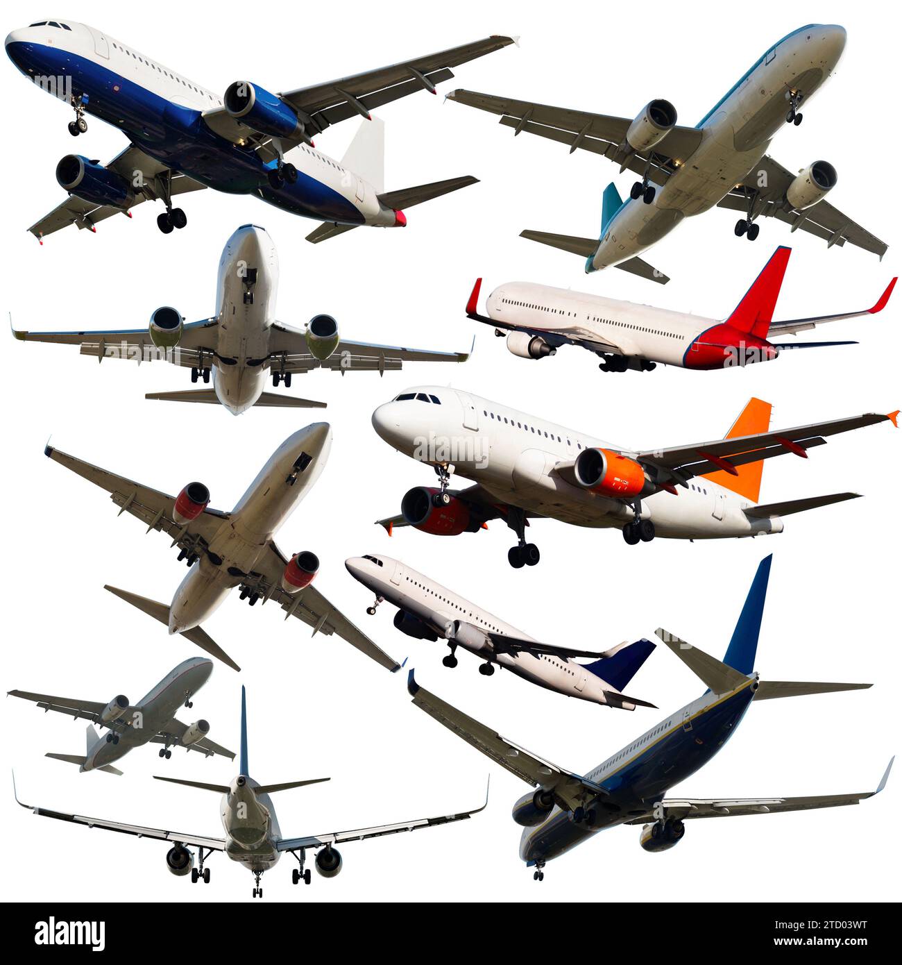 Collage of different modern airplanes on white background Stock Photo