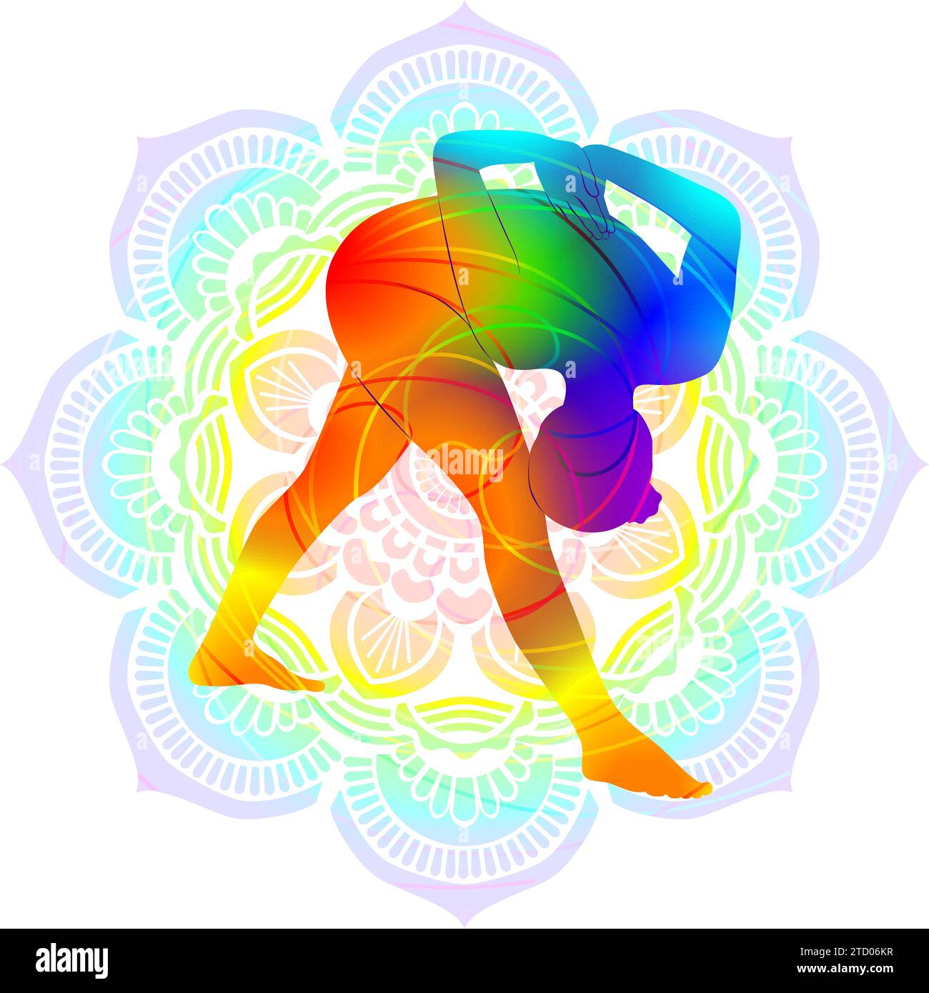Colorful silhouette of yoga. Parshvottanasana. Pyramid pose or Intense Side Stretch pose. Isolated vector illustration on Mandala background. Stock Vector