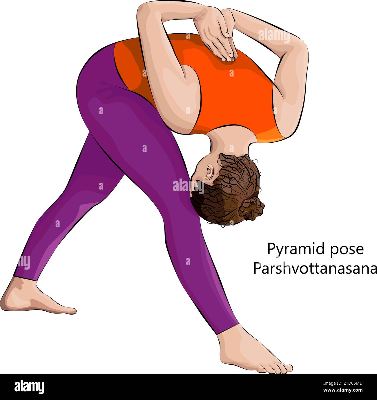 Young woman doing yoga Parshvottanasana. Pyramid pose or Intense Side Stretch pose. Intermediate Difficulty. Isolated vector illustration. Stock Vector