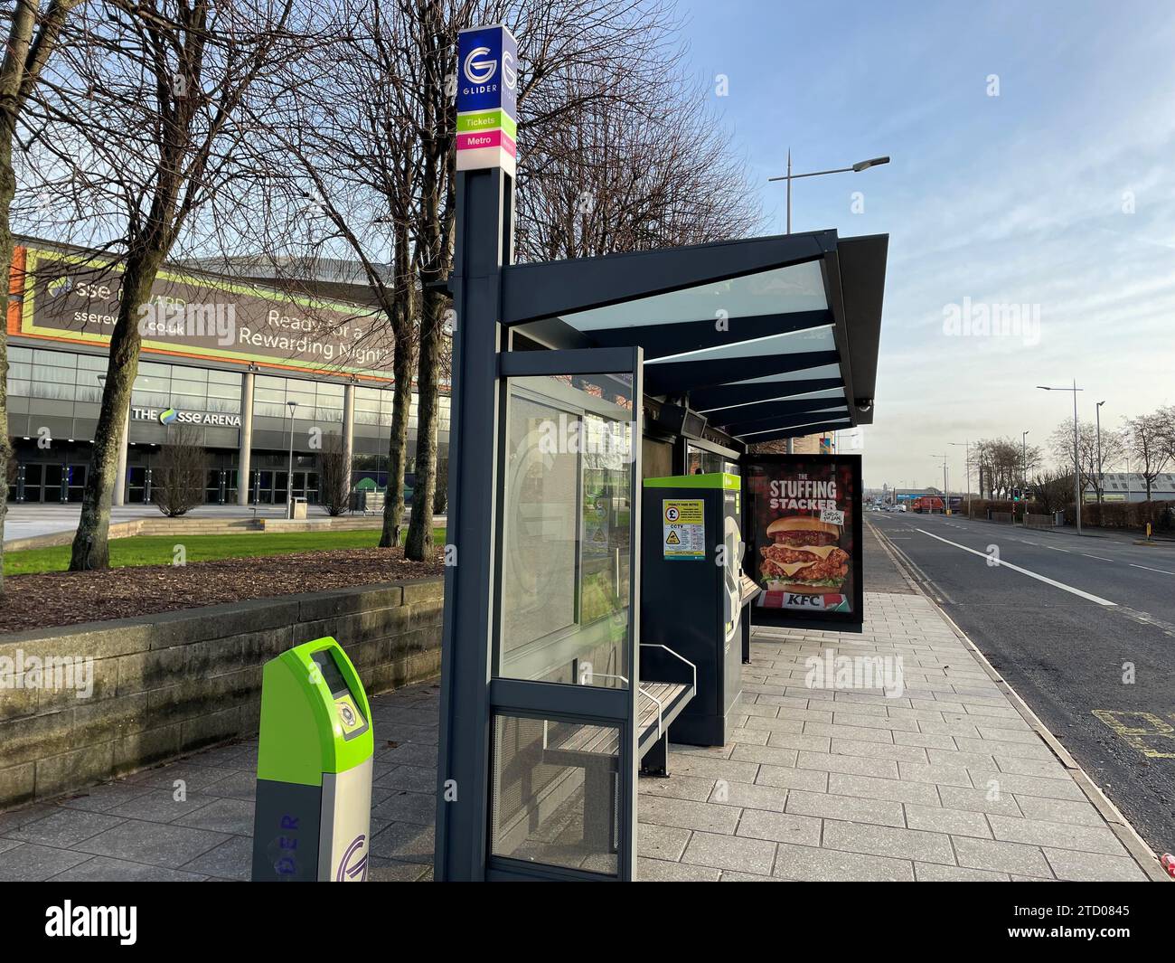 A Glider bus stop at the SSE Arena in Belfast as there will be widespread disruption to all bus and train services in Northern Ireland as public transport workers begin their latest round of strike action. Picture date: Friday December 15, 2023. Stock Photo