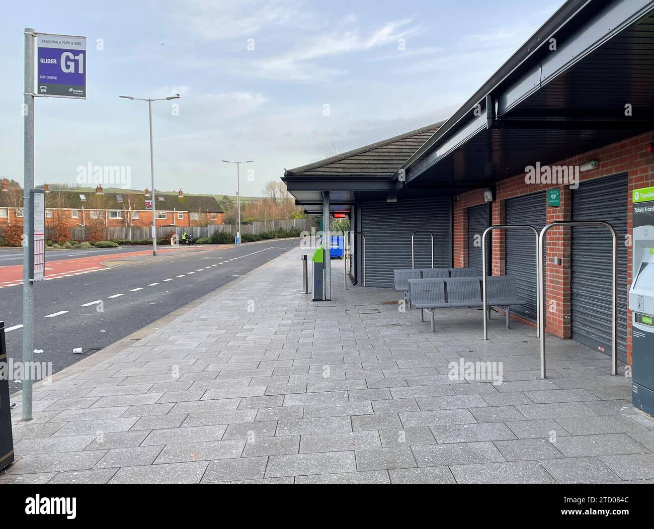 A Glider bus stop in Dundonald, Co Down as there will be widespread disruption to all bus and train services in Northern Ireland as public transport workers begin their latest round of strike action. Picture date: Friday December 15, 2023. Stock Photo
