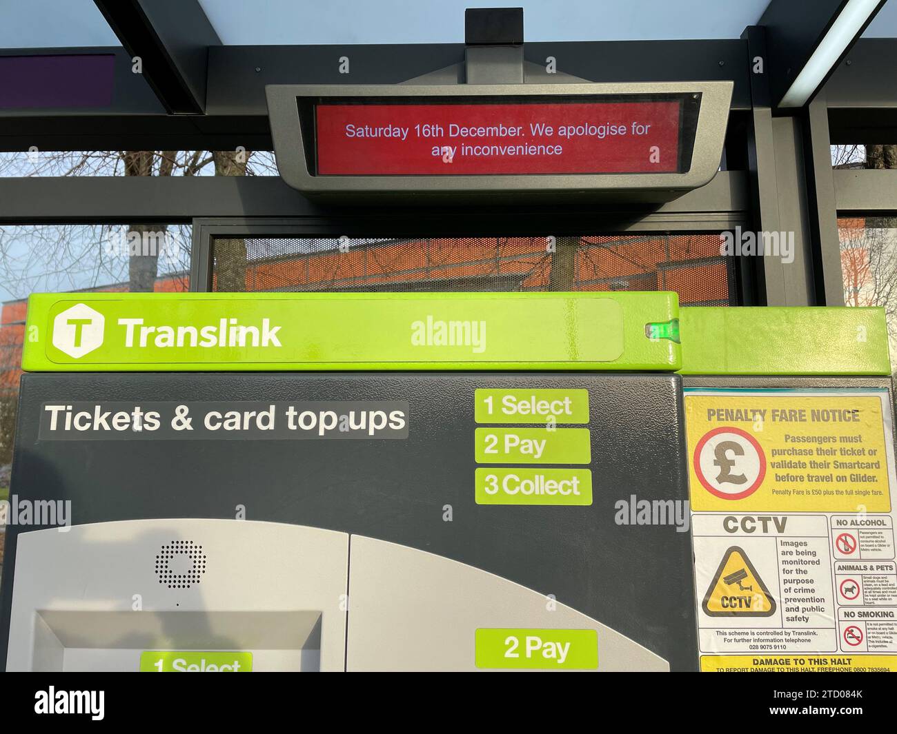 A Glider bus stop at the SSE Arena in Belfast as there will be widespread disruption to all bus and train services in Northern Ireland as public transport workers begin their latest round of strike action. Picture date: Friday December 15, 2023. Stock Photo