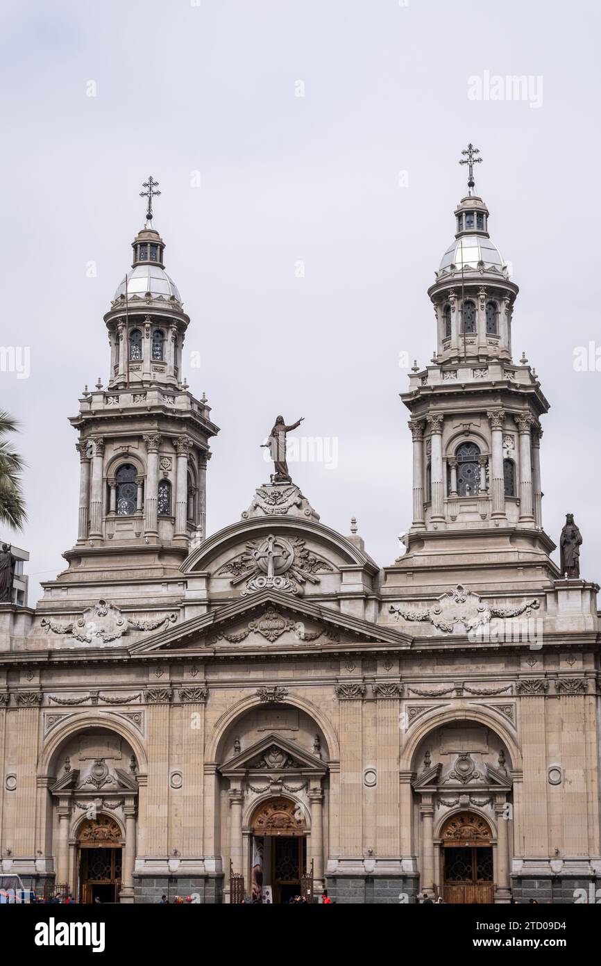 Beautiful view to old historic cathedral building in downtown Santiago Stock Photo