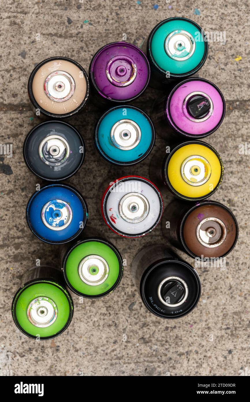 Colorful graffiti spray cans on the street in Valparaíso, Chile Stock ...