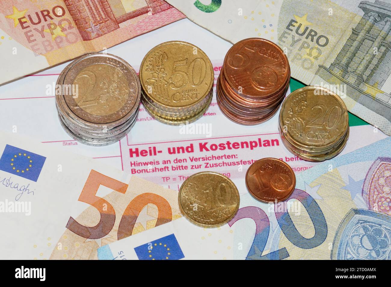 Forms for treatment and cost plan with euros, symbol image for medical