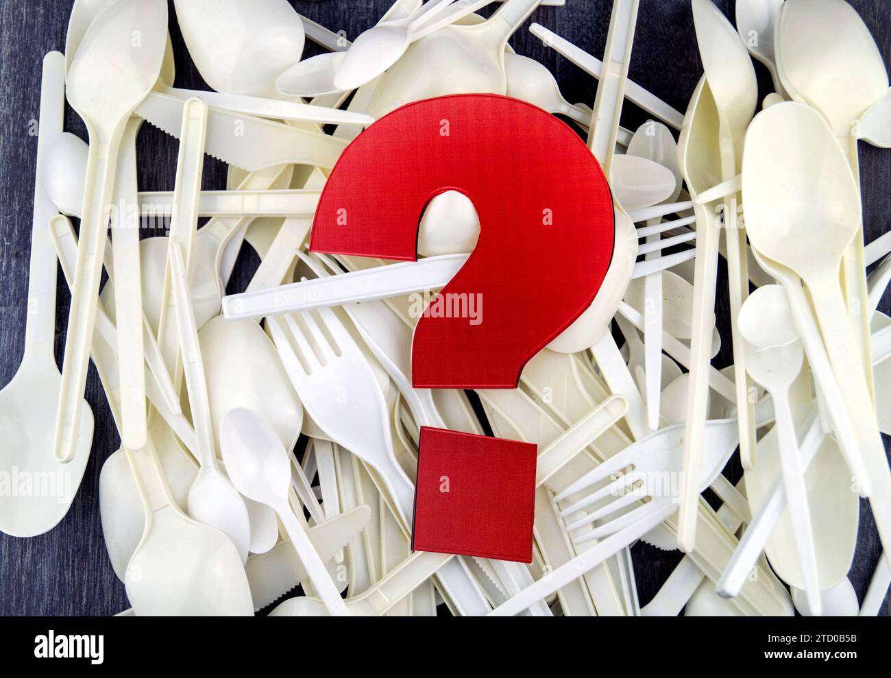 Plastic cutlery with a red question mark Stock Photo