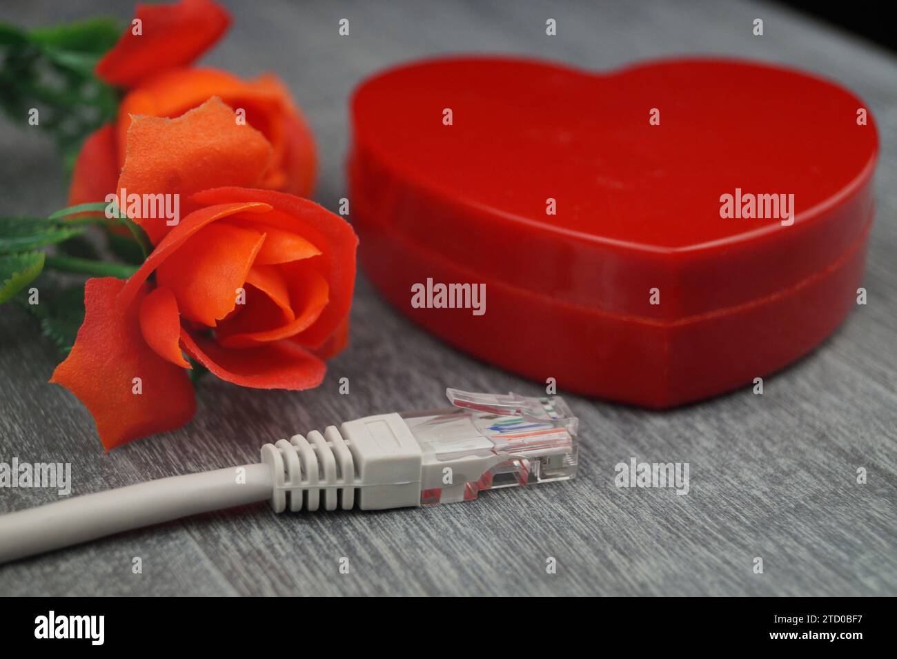 red heart and red roses with grey internet cable, symbolic image of love online Stock Photo