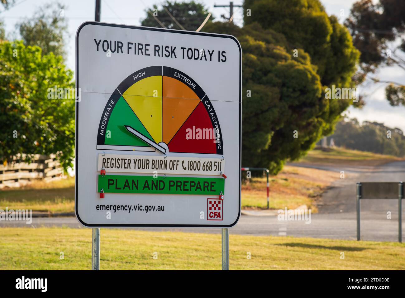 Moyston, Victoria - October 12, 2023: Fire danger season status and bush fire risk sign installed on public roadside showing moderate  level on day Stock Photo