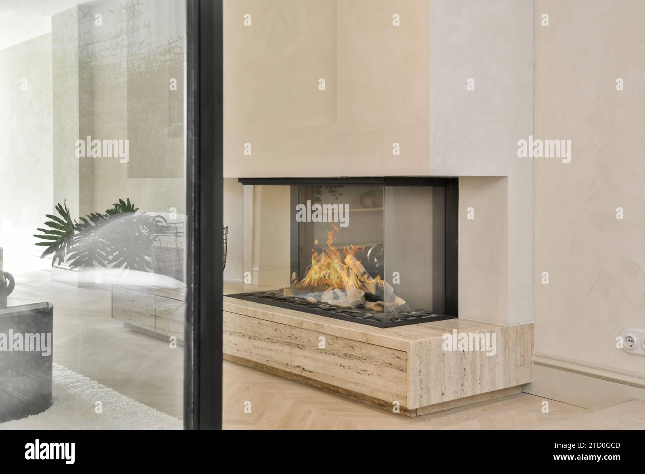 Image result for Glass covered fireplace with burning firewood in contemporary living ...