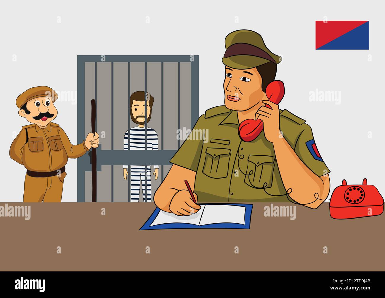 Vector illustration of police station view police officer calling on phone and prisoner in jail Stock Vector