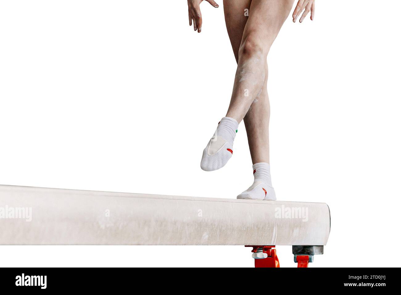 legs female gymnast step on balance beam in artistic gymnastics isolated on white background, sports summer games Stock Photo