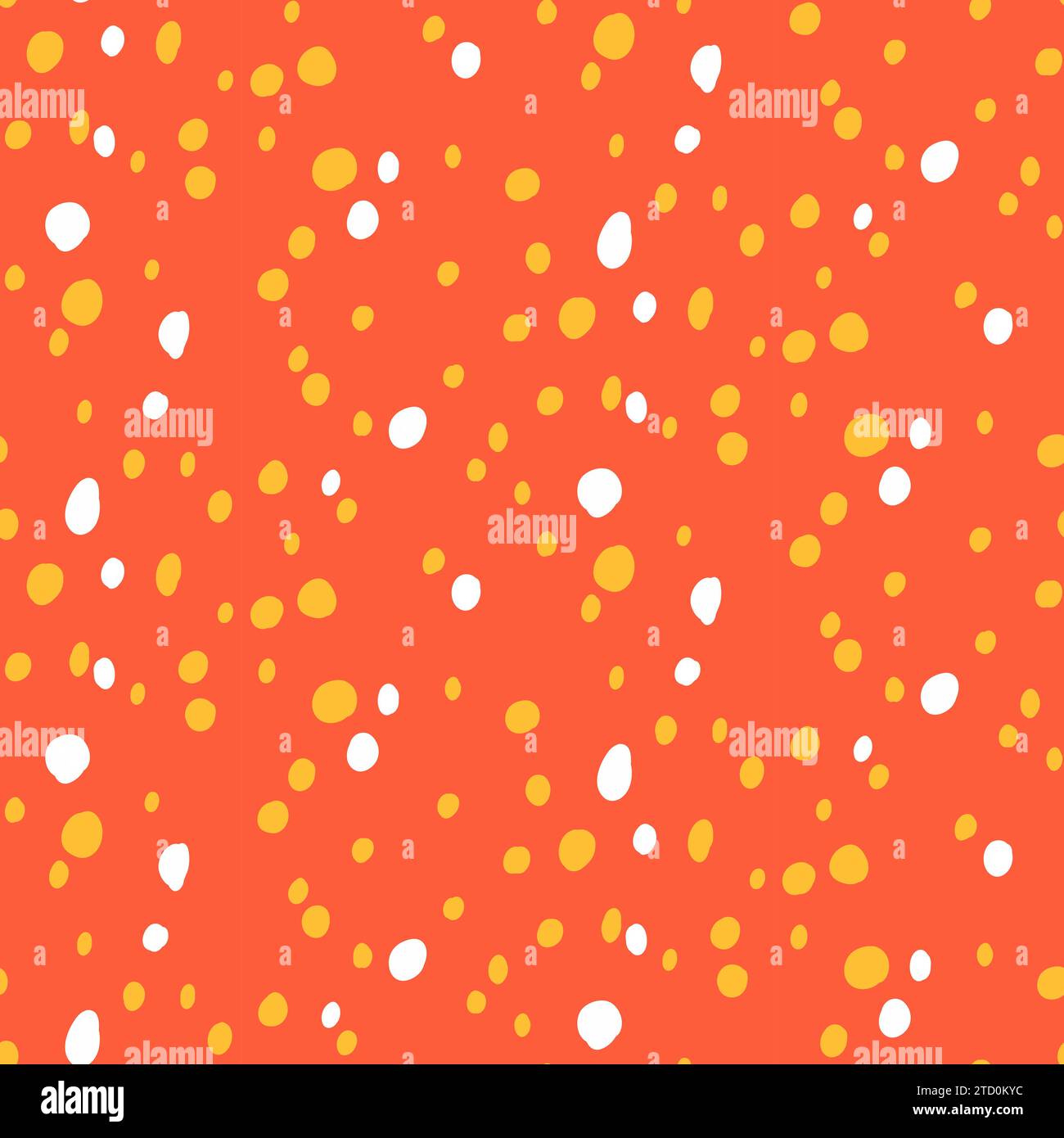 Polka dot doodle pattern with different hand drawn rounded spots isolated on red, orange background. White, yellow dotted wallpaper Stock Vector