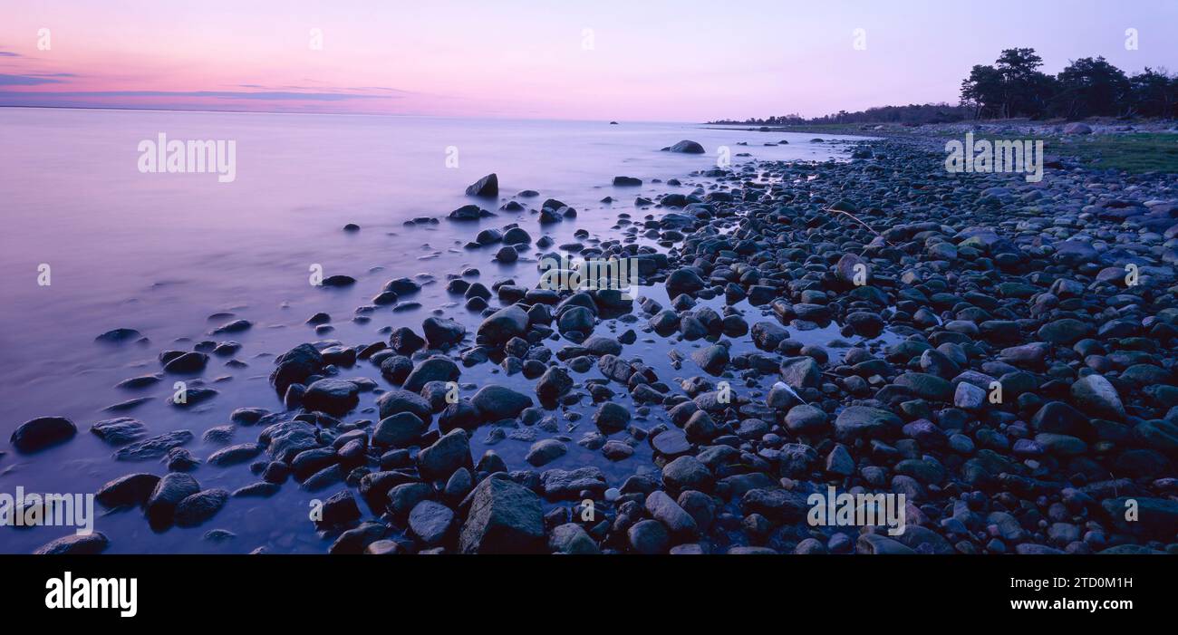 Stony beach at dusk, Sweden Stock Photo