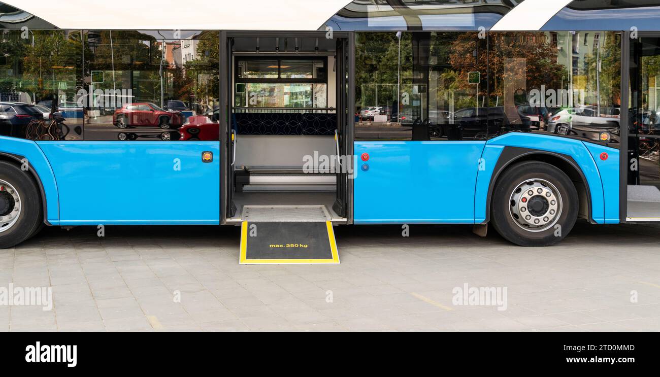 Bus stop. Bus ramp low floor. Accessible public transport. Bus ramp low floor. Stock Photo