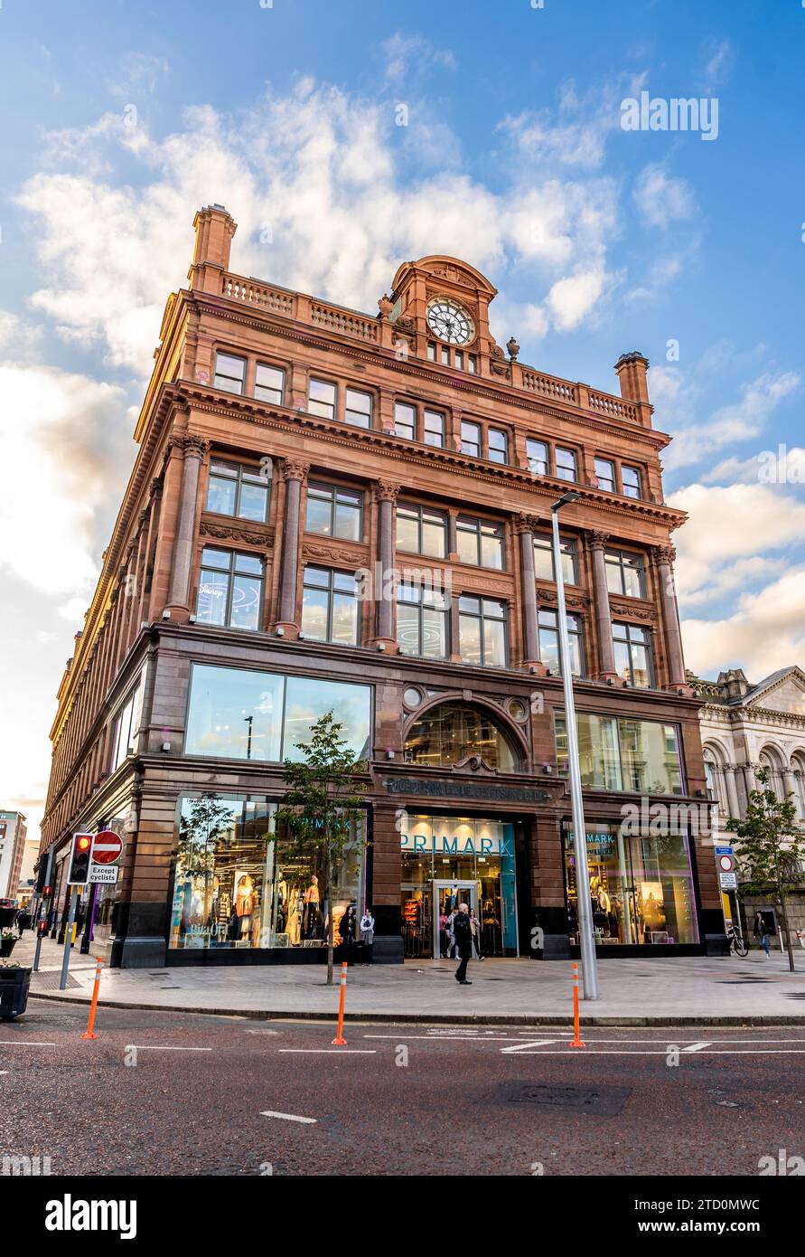 Exterior of Bank Buildings, built in 18th century, now store of fast-fashion retailer Primark, in Castle Street, Belfast city center, Northern Ireland Stock Photo