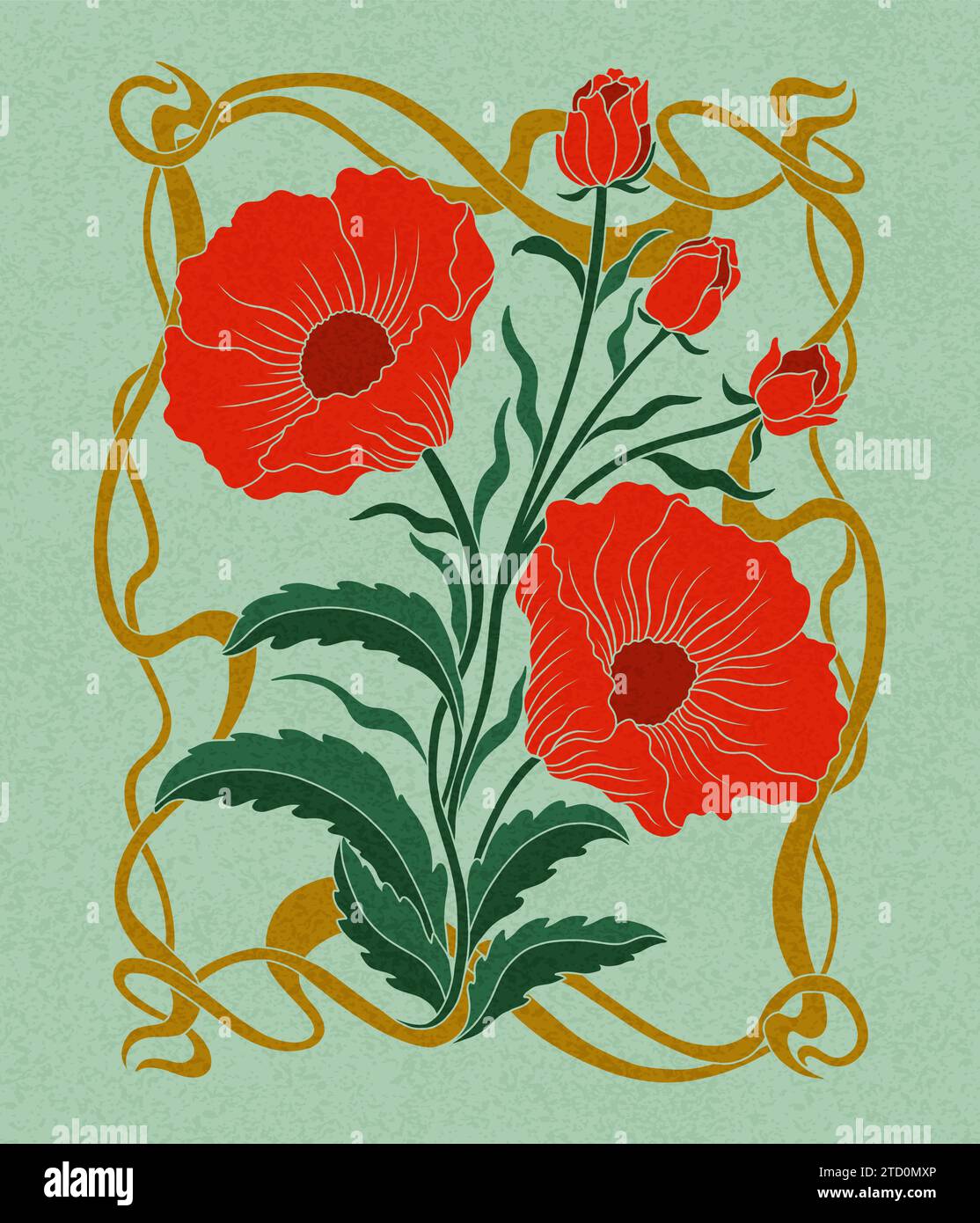 Floral poppy plant in art nouveau 1920-1930. Hand drawn poppy with weaves of lines, leaves and flowers. Stock Vector