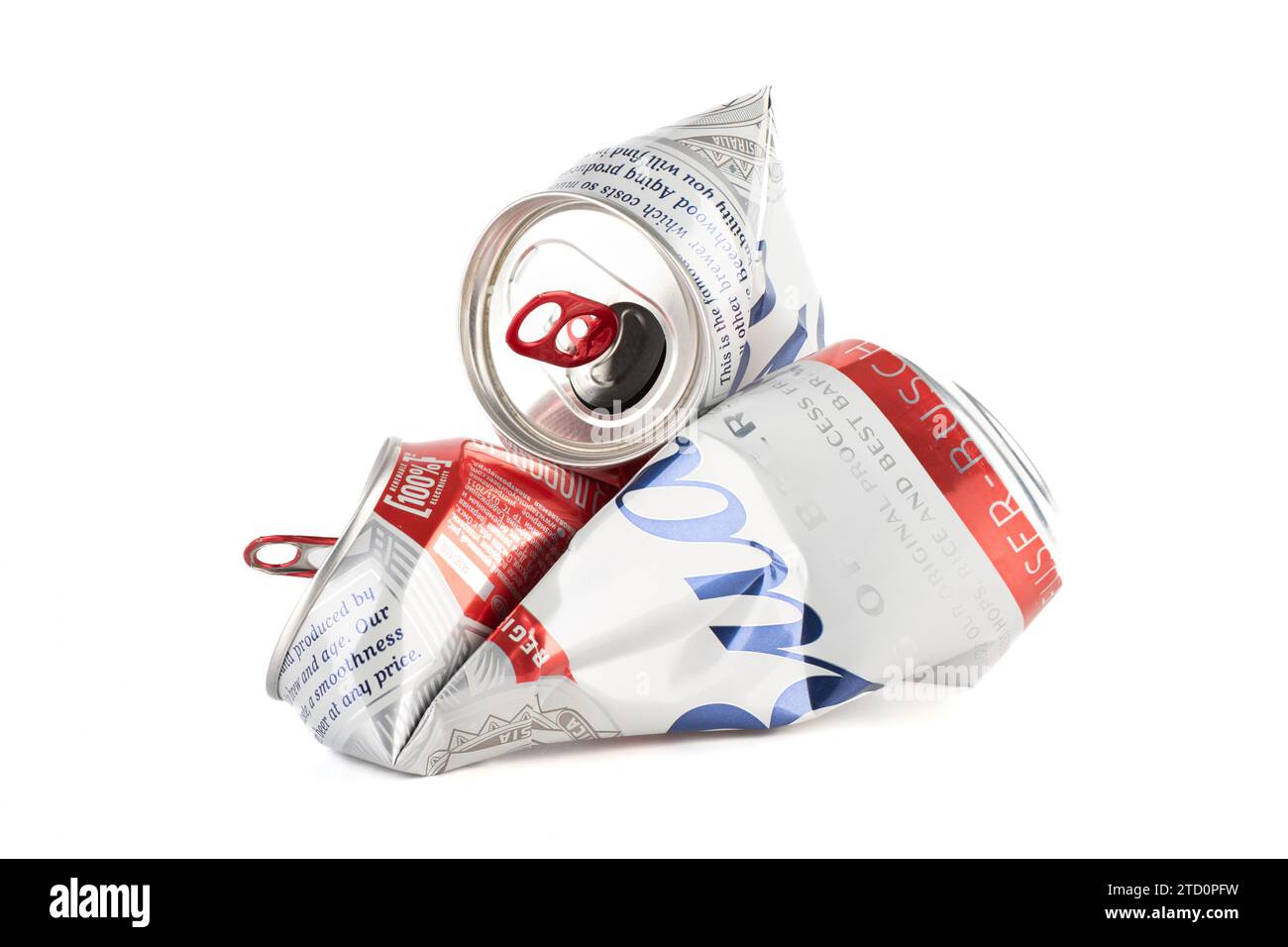 Moscow, Russia - December 13, 2023: Crumpled and empty cans of Bud beer on a white background. Copy space. Stock Photo