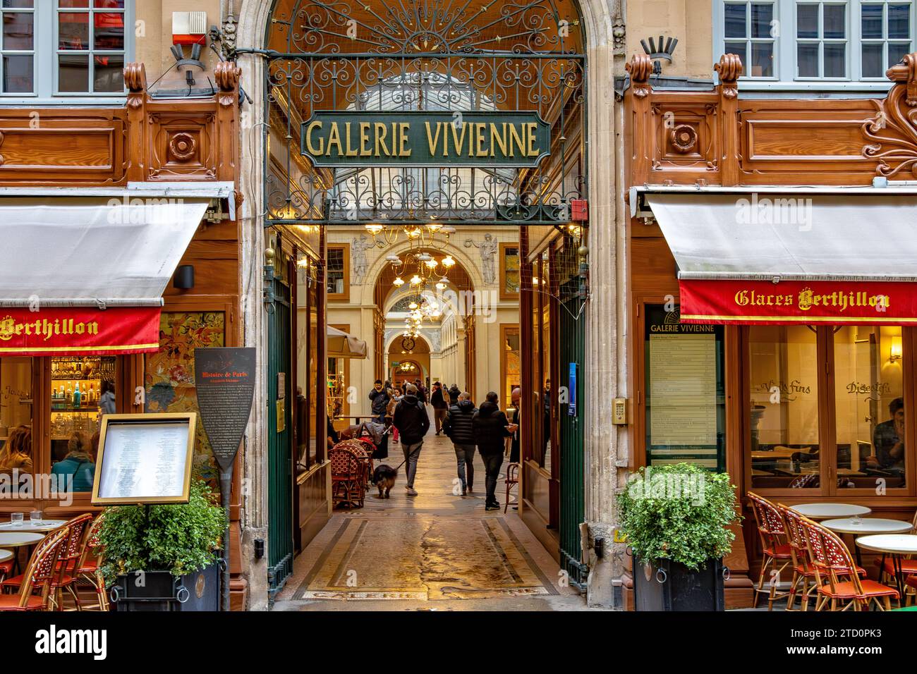 The entrance to Galerie Vivienne, a beautiful covered shopping arcade built in1823 located in the 2nd arrondissement of Paris, France Stock Photo