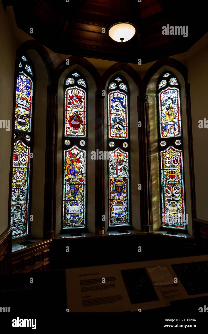 Stained glass in the Guildhall in DerryLondonderry, Northern Ireland, built in the 19th century