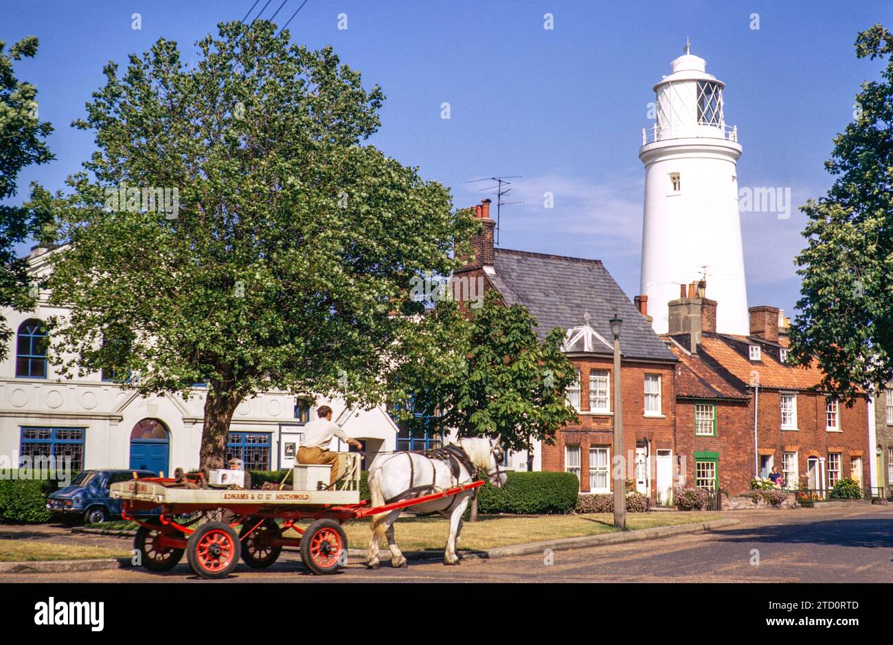 Adams brewery dray and lighthouse in town centre, Southwold, Suffolk, England, UK July 1971 Stock Photo