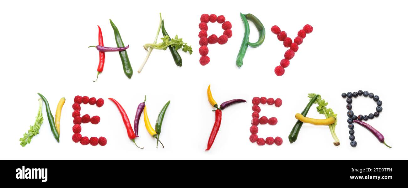 HAPPY NEW YEAR made from red, purple, yellow, green chili vegetables