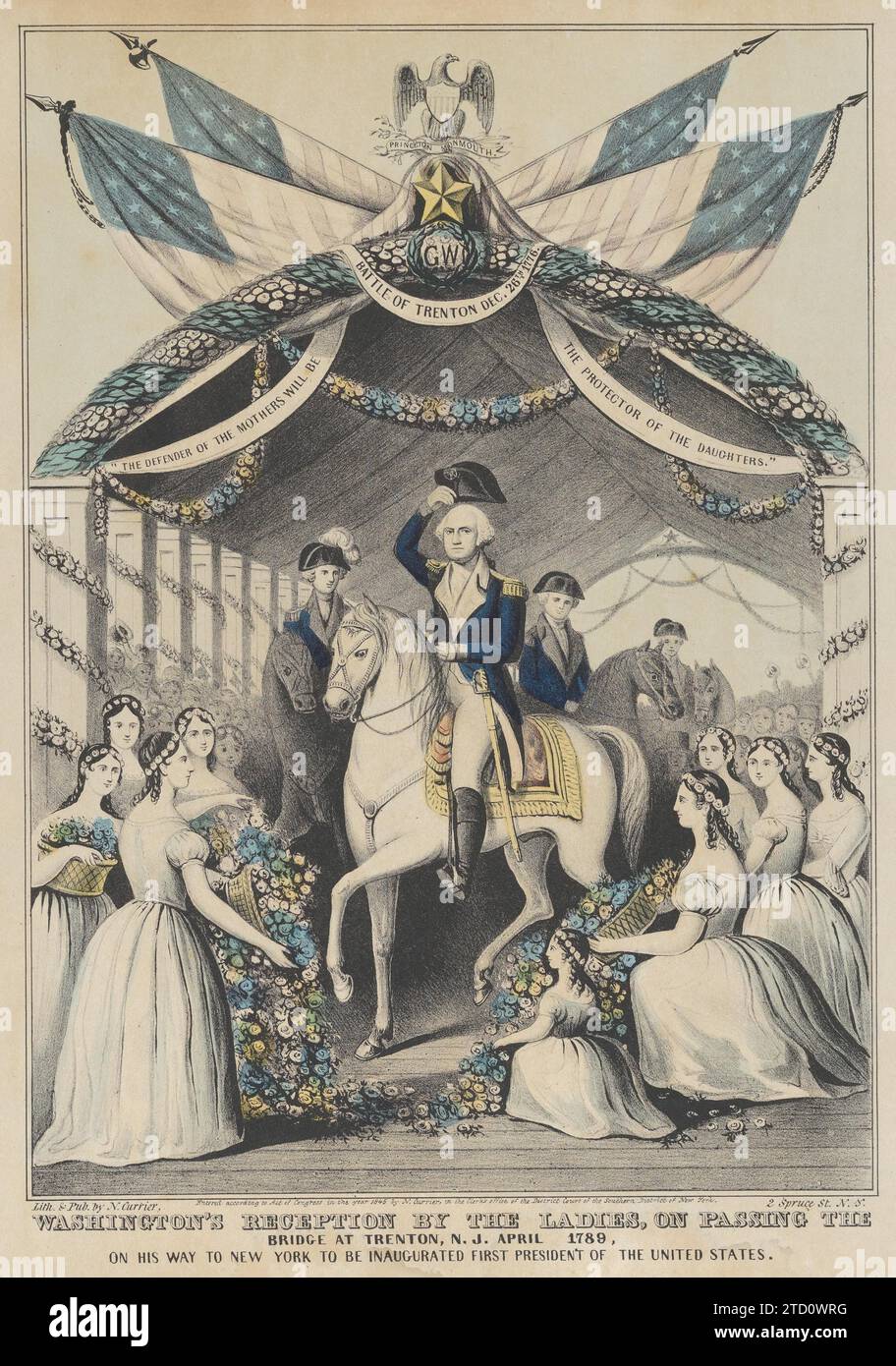 Washington's Reception by the Ladies on Passing the Bridge at Trenton, N.J., April 1789, on His Way to be Inaugurated First President of the United States 1964 by Nathaniel Currier Stock Photo