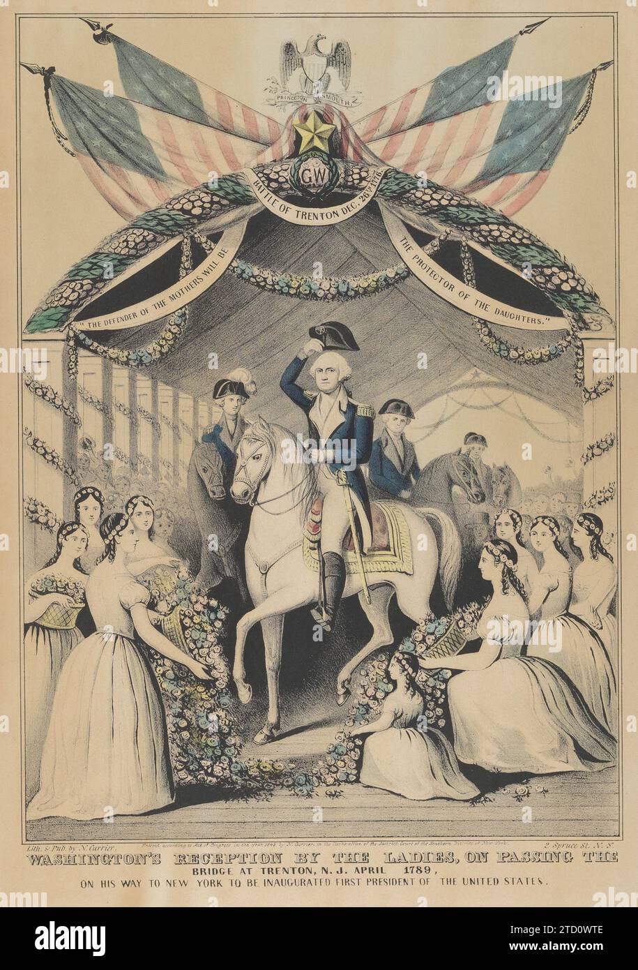 Washington's Reception by the Ladies on Passing the Bridge at Trenton, N.J., April 1789, on His Way to be Inaugurated First President of the United States 1952 by Nathaniel Currier Stock Photo