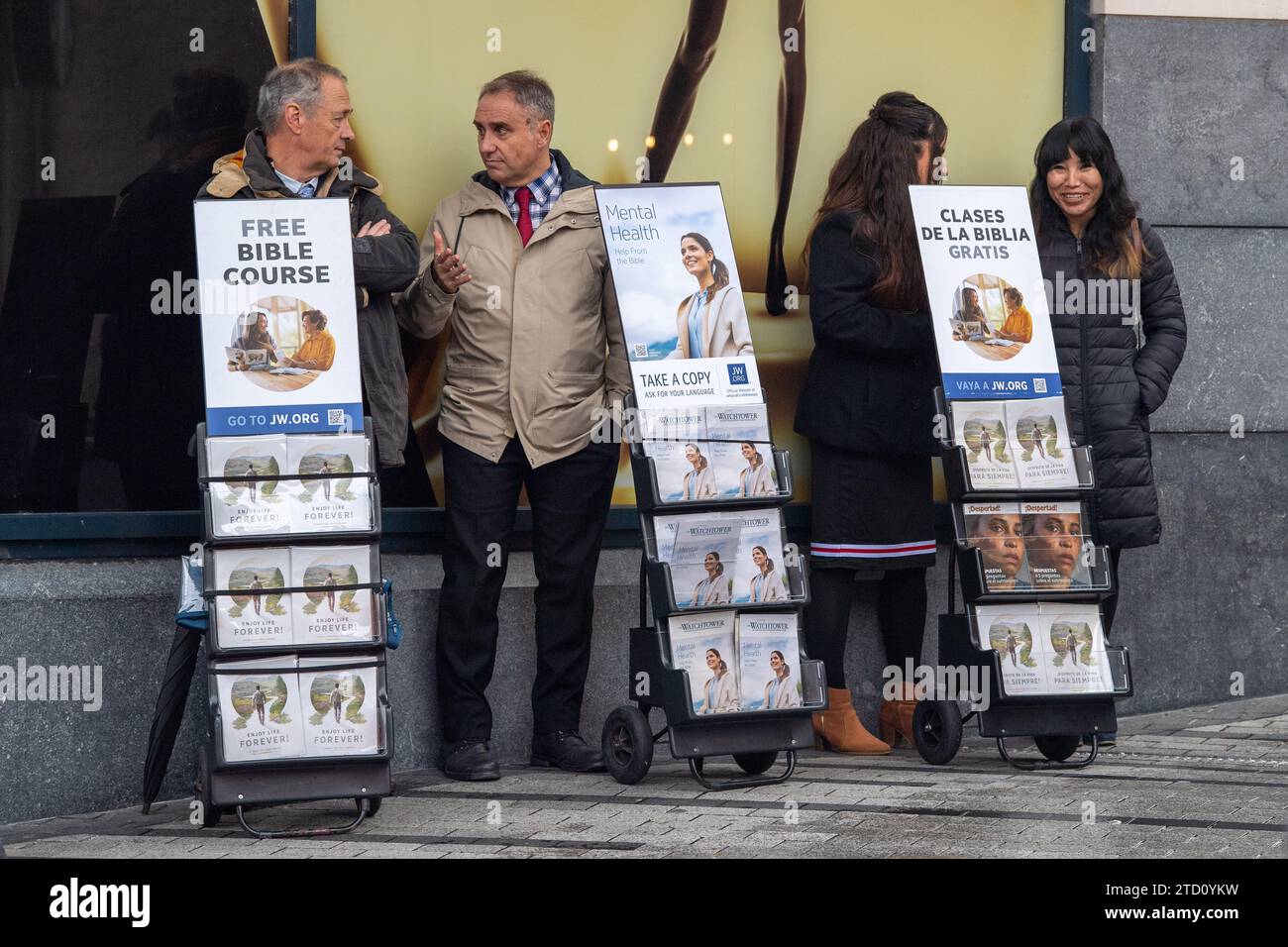 Jehovah's Witnesses with mobile information stands in Cork City, Ireland. Stock Photo