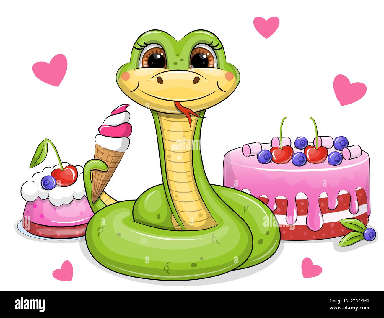 Cute cartoon green snake with ice cream and cakes. Vector illustration