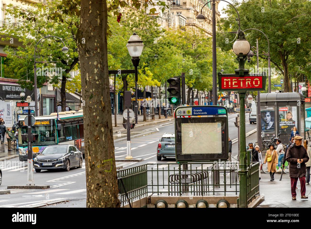 The Dervaux Metro totems at the entrance to Grands Boulevards Metro station in the 9th arrondissement of Paris, France Stock Photo