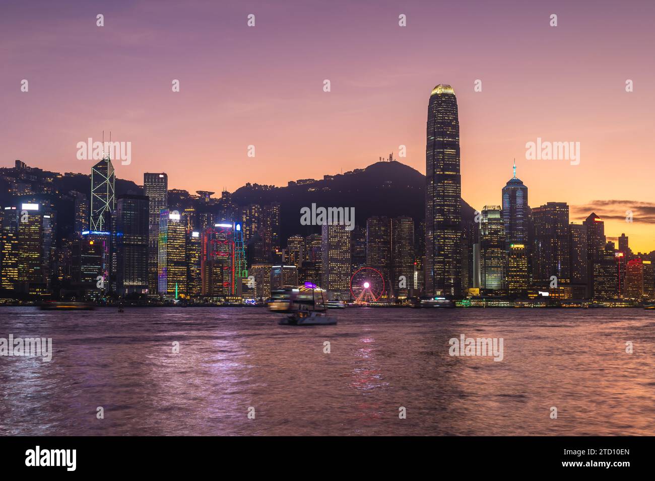 night view of victoria harbor and hongkong island in hong kong, China Stock Photo