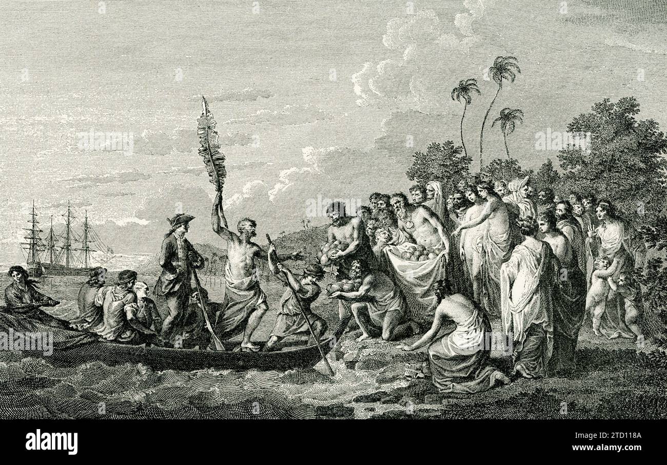 This illustration shows Captain Cook landing on Friendship Island. Captain James Cook was a