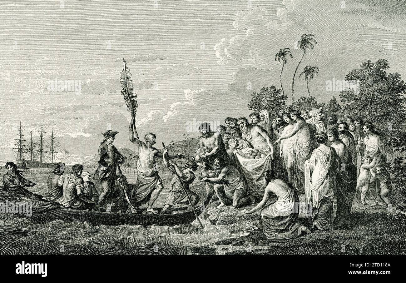 This illustration shows Captain Cook landing on Friendship Island. Captain James Cook was a British explorer, cartographer and naval officer. He is best known for his three voyages between 1768 and 1779 in the Pacific Ocean and to New Zealand and Australia in particular. In 1774, Cook returned received such a warm welcome that he named Tonga the “Friendly Islands.”.John Keyse Sherwin (1751 –1790) was an English engraver and history-painter. Stock Photo