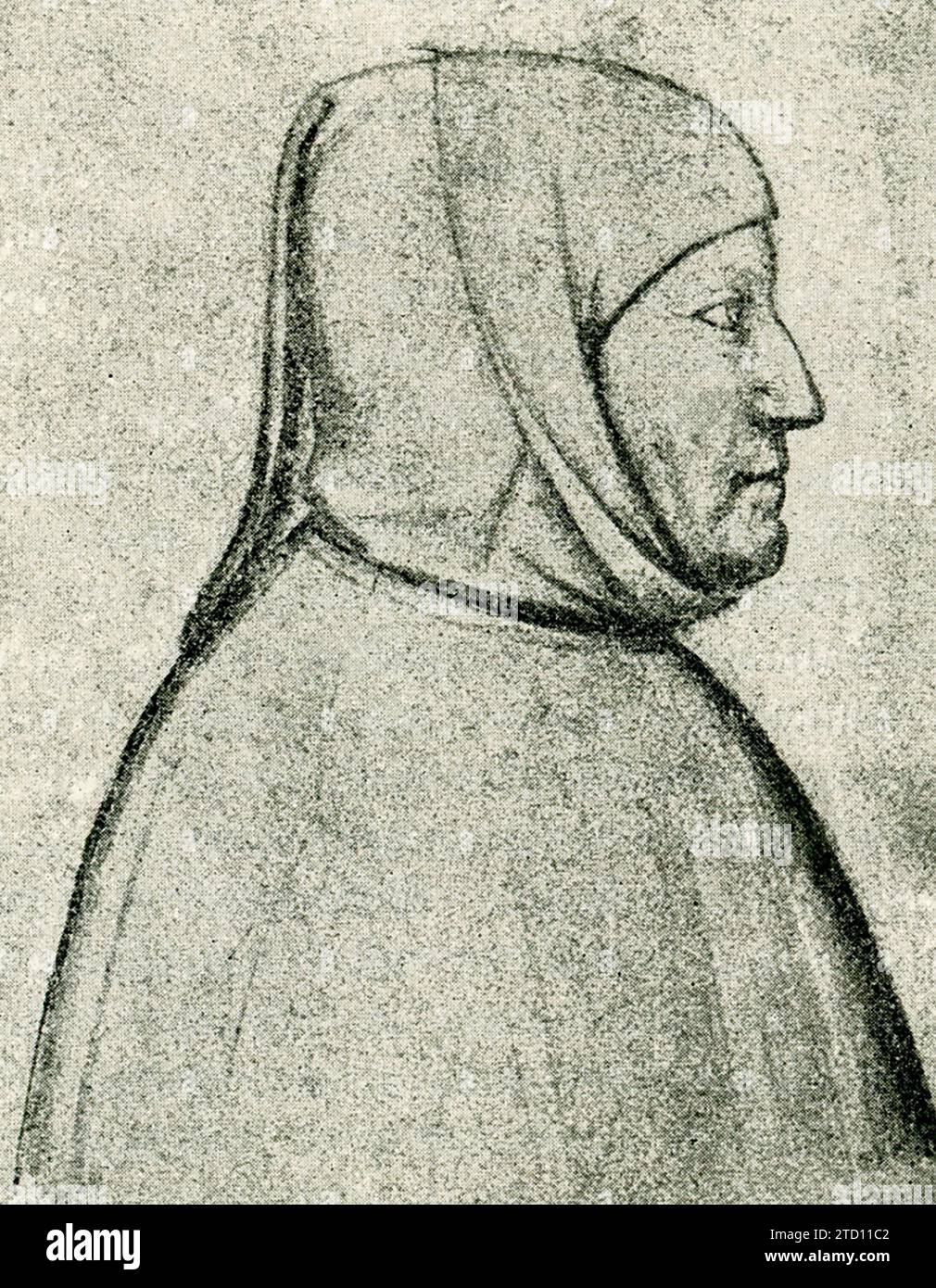 This illustration of Petraca (Petrarch) is taken from an old engraving. Francesco Petrarca (1304-1374), commonly anglicized as Petrarch, was a scholar and poet of the early Italian Renaissance, and one of the earliest humanists. Petrarch's rediscovery of Cicero's letters is often credited with initiating the 14th-century Italian Renaissance and the founding of Renaissance humanism. Stock Photo
