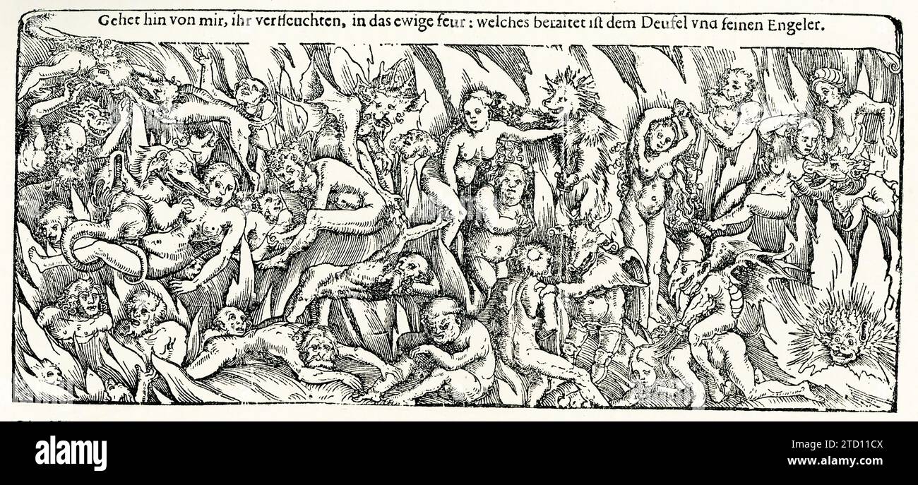This German sixteenth century woodcut depicting demons and the damned was done by Lucas Cranach the Elder (1472-1553). The date is around 1510. It shows men and women tormented by fire and devels. Lucas Cranach the Elder was a German Renaissance painter and printmaker in woodcut and engraving. He was court painter to the Electors of Saxony for most of his career, and is known for his portraits Stock Photo