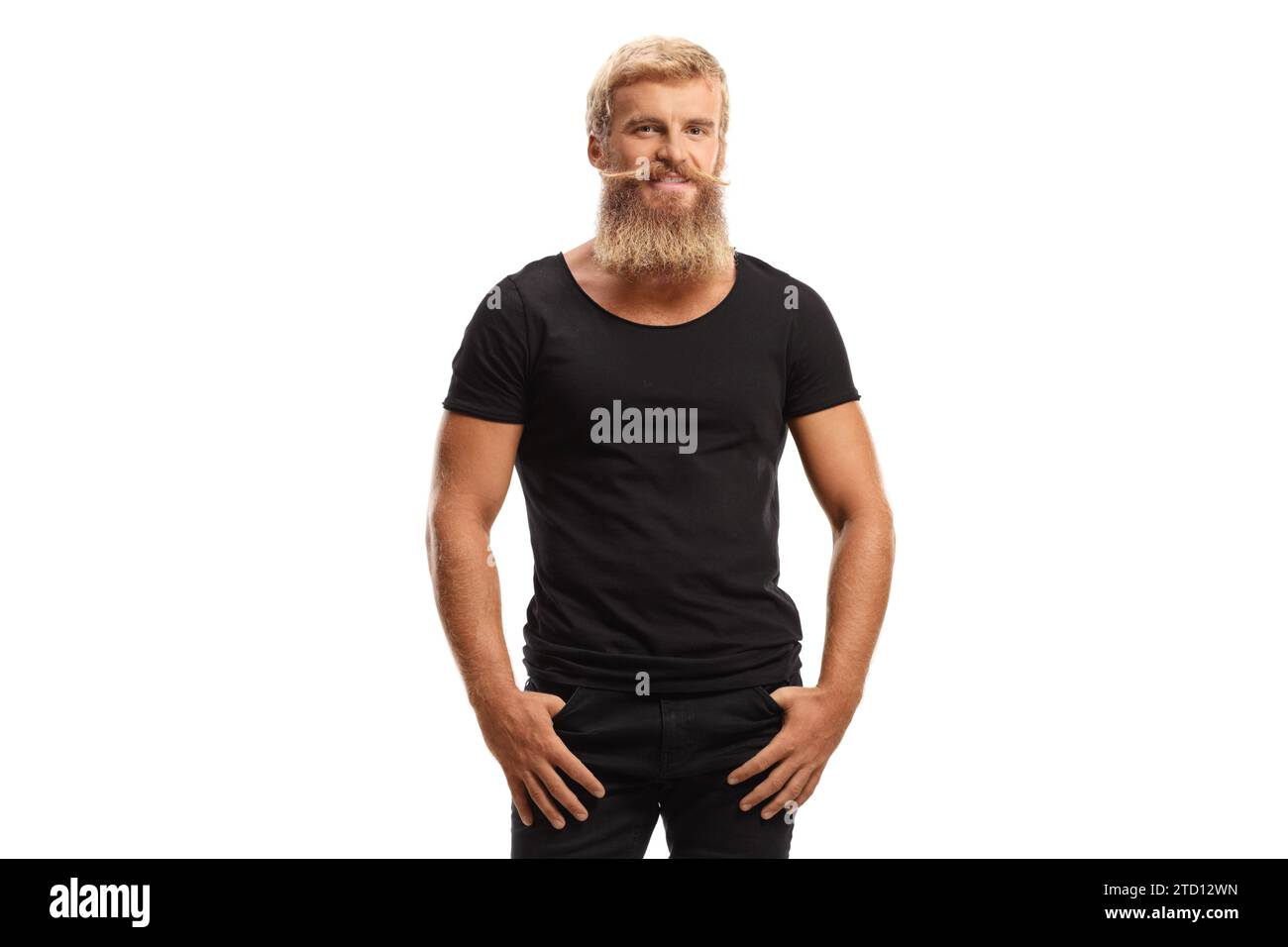 Guy with blond beard and mustaches posing and smiling isolated on white