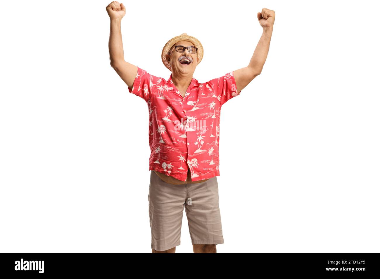 Overjoyed mature man gesturing happiness and looking up isolated on white background Stock Photo