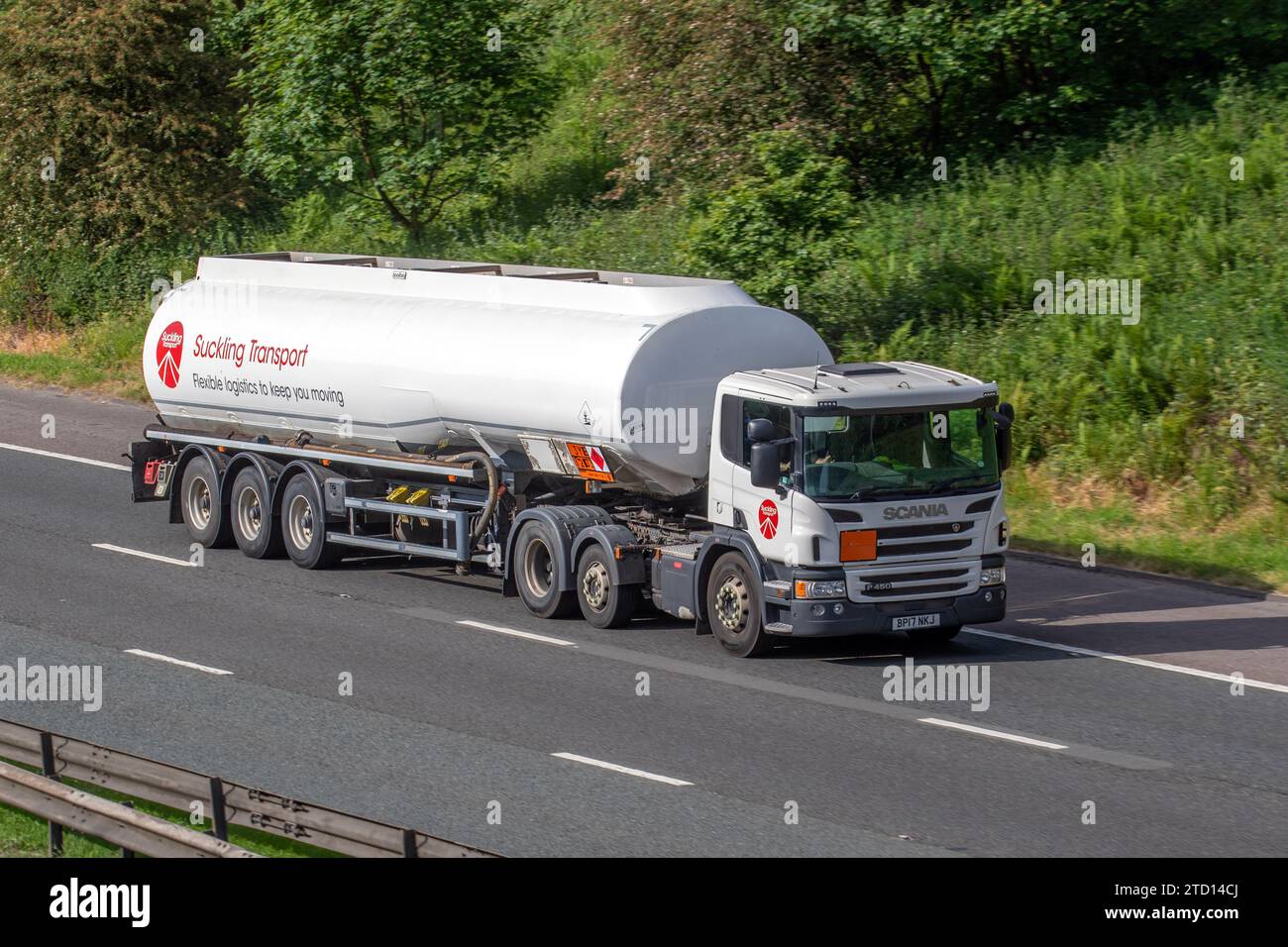 Suckling Transport Ltd Scania P450 diesel 12740 cc. Road tanker vehicles in the UK and delivering nearly 2bn litres of gasoline inflammable liquid. Stock Photo