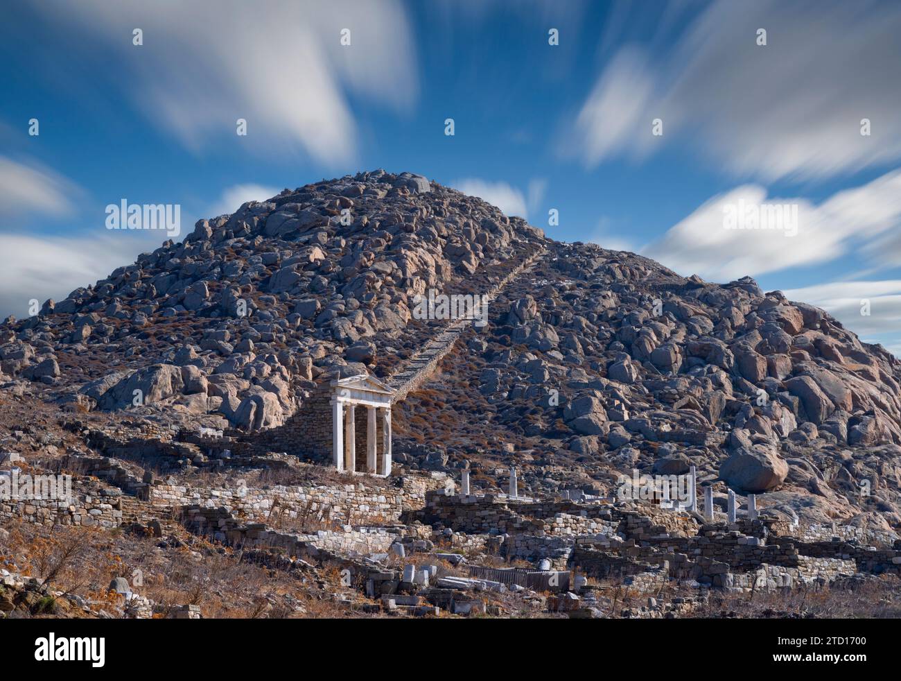 Temple of isis and Mount Kynthos, Delos, Greece Stock Photo