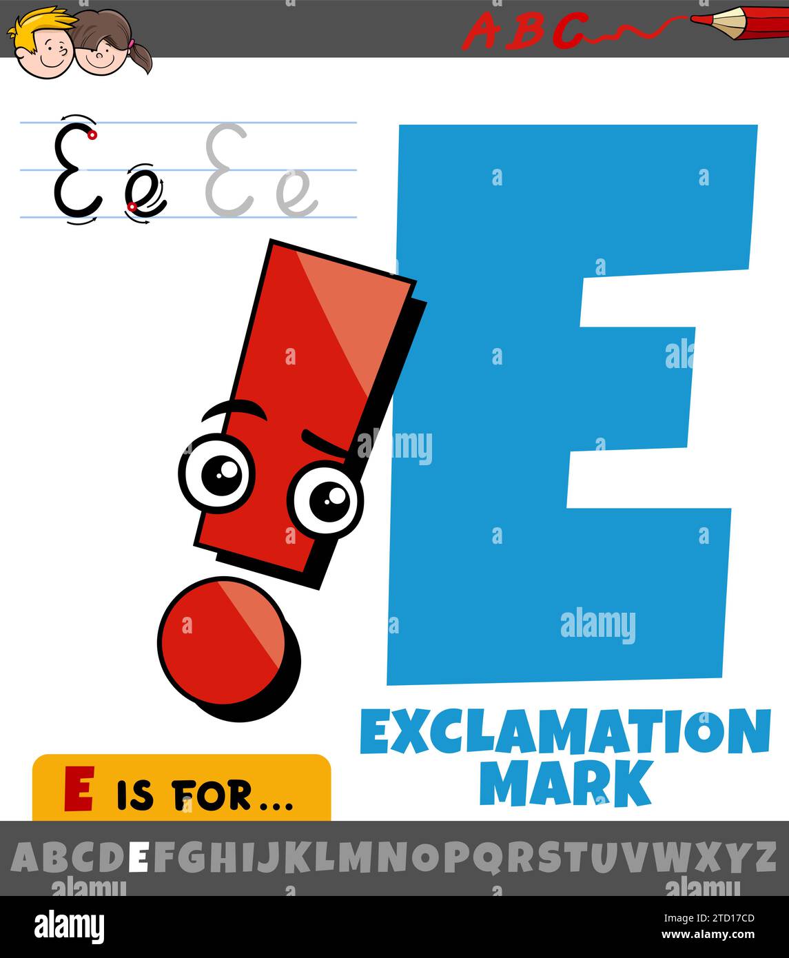 Educational cartoon illustration of letter E from alphabet with