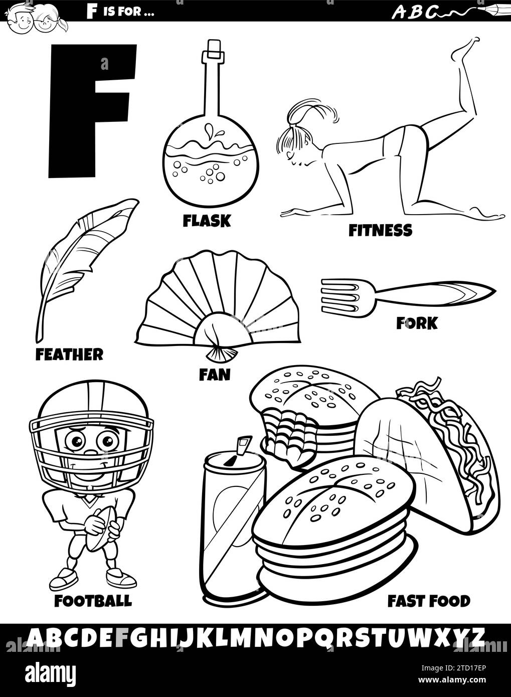 Cartoon illustration of objects and characters set for letter F coloring page Stock Vector