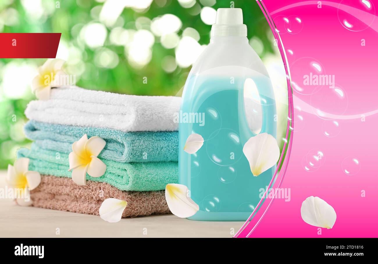 Fabric softener advertising design. Bottle of conditioner, soft clean ...
