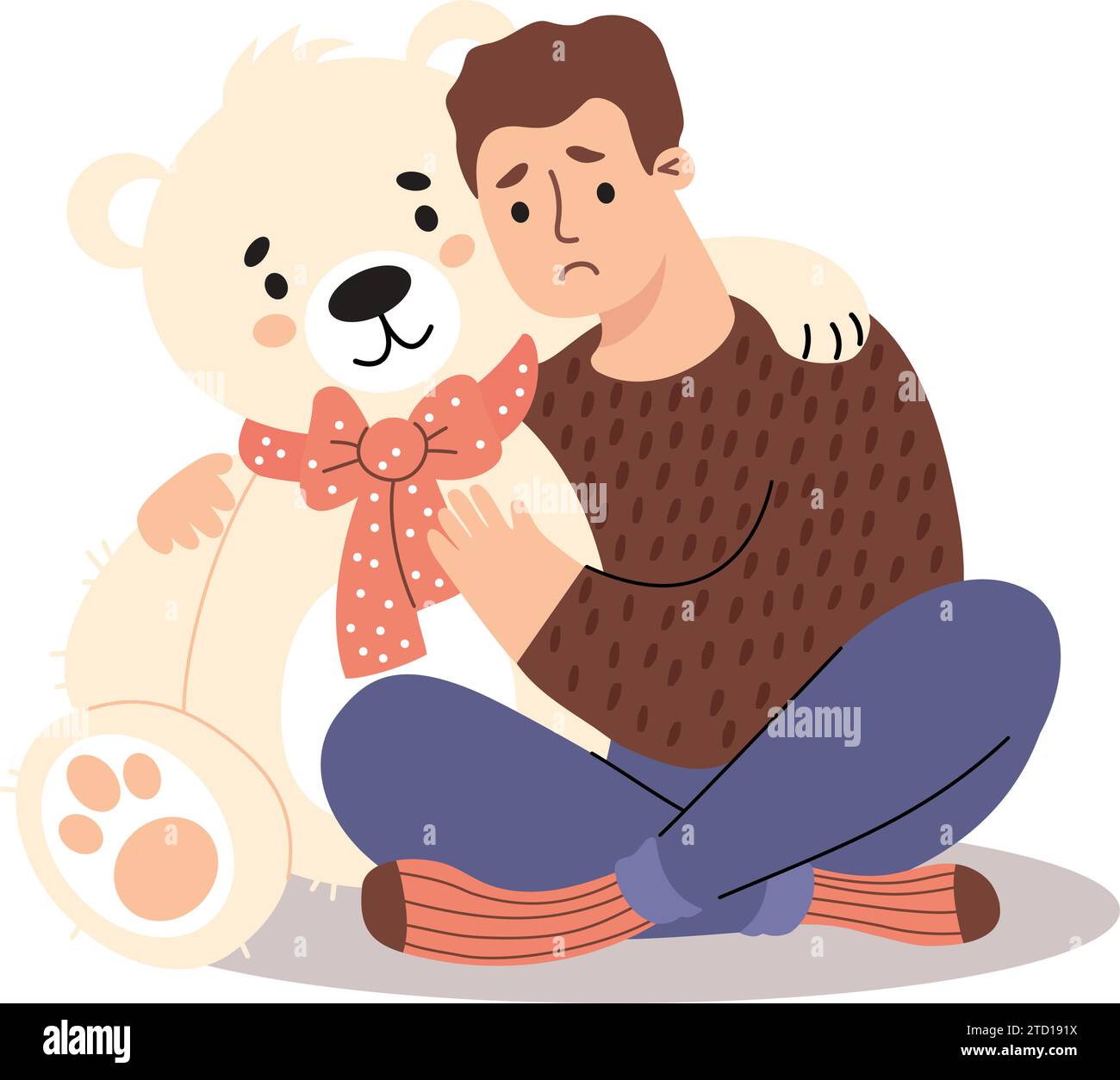 Lonely Sad Man With White Teddy Bear Alone Unhappy Male Character With