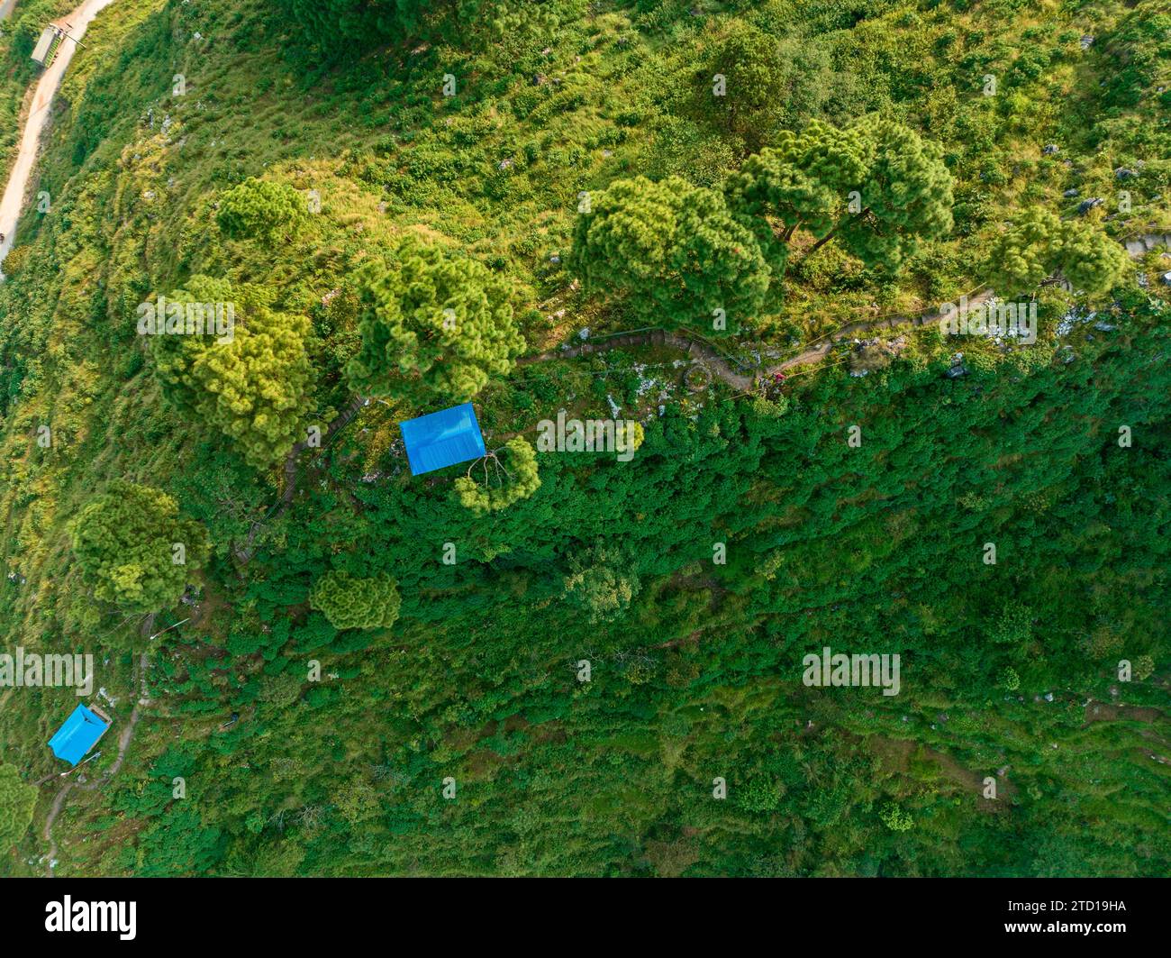 Aerial view of the hill of Thani mai temple, close to Bandipur, Nepal. Details of the stepped path leading to the top of the hill Stock Photo