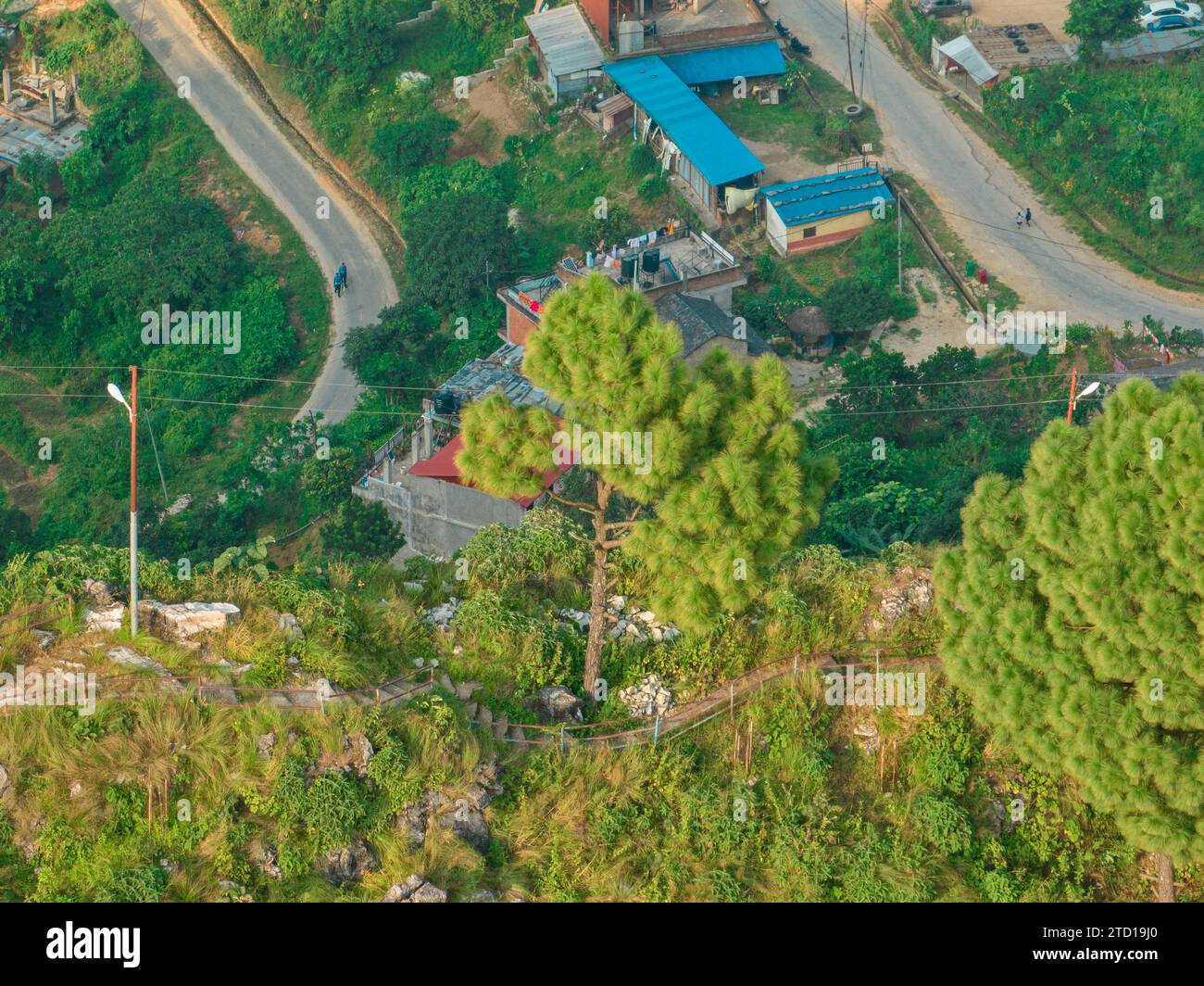 Aerial view of the hill of Thani mai temple, close to Bandipur, Nepal. Details of the stepped path leading to the top of the hill Stock Photo