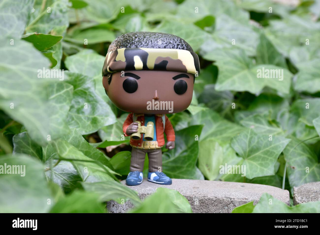 Funko Pop action figure of Lucas Sinclair with binoculars from Netflix TV series Stranger Things. Green ivy plant leaves, abandoned garden, spying. Stock Photo