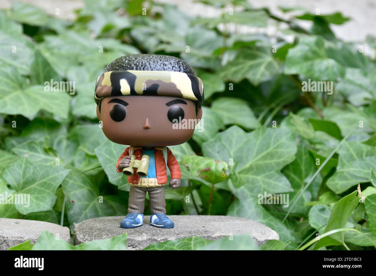 Funko Pop action figure of Lucas Sinclair with binoculars from Netflix TV series Stranger Things. Green ivy plant leaves, abandoned garden, spying. Stock Photo
