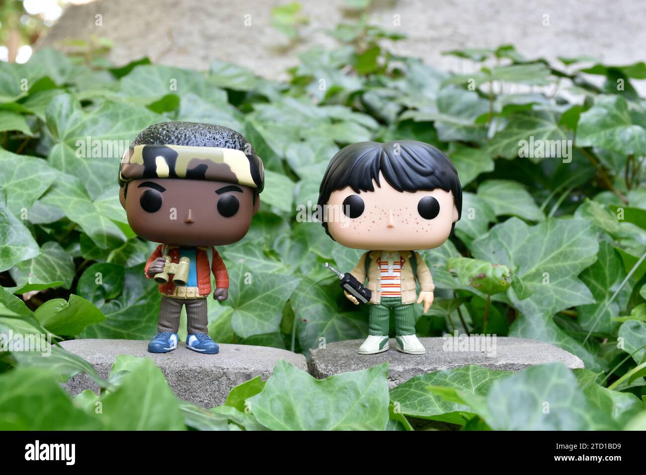 Funko Pop action figures of Lucas and Mike from Netflix TV series Stranger Things. Green ivy plant leaves, abandoned garden, adventures, friendship. Stock Photo